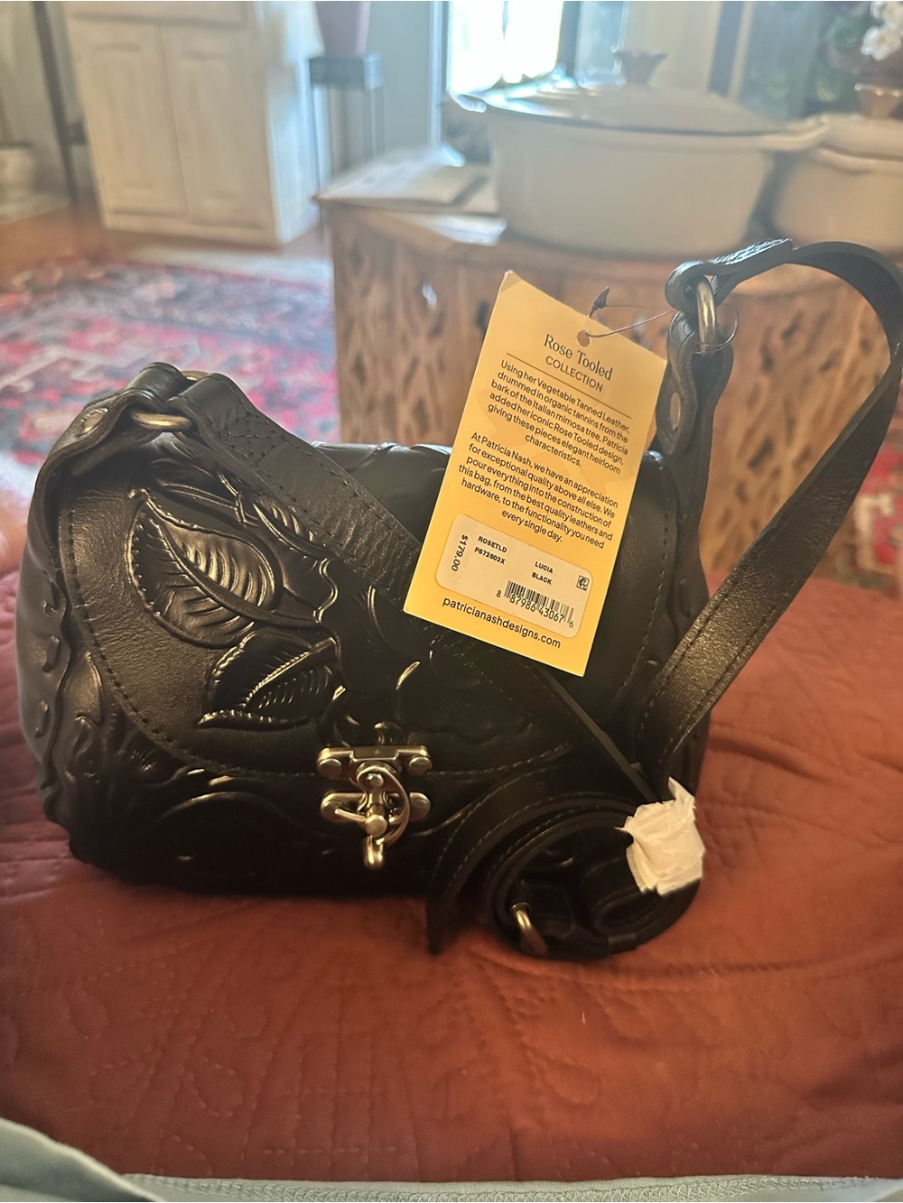 Patricia Nash Black Rose Tooled Leather Crossbody Bag LUCIA NWT